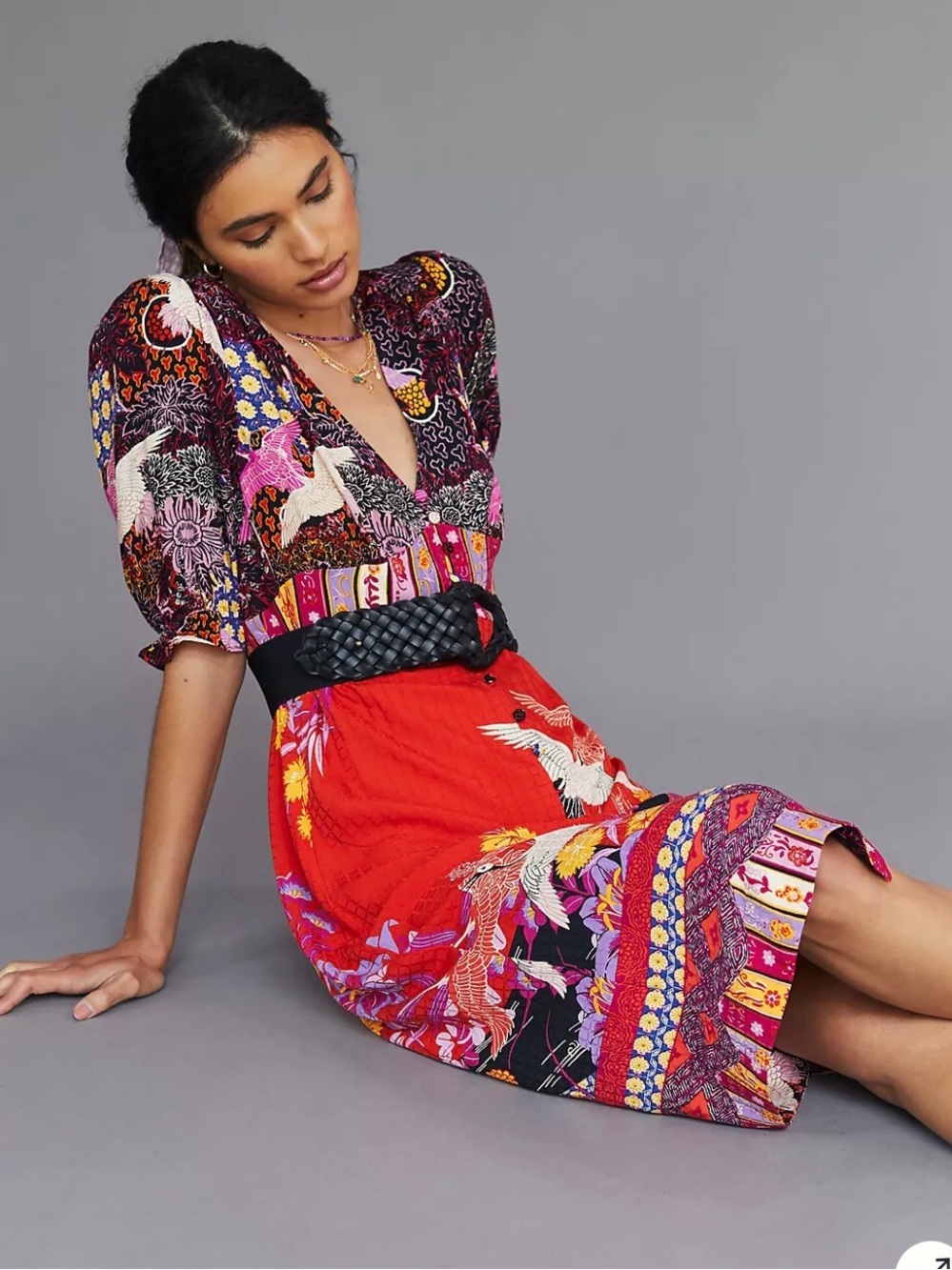Anthropologie Puff Sleeve Vibrant Patchwork MIDI Dress 6 Boho Crane Print